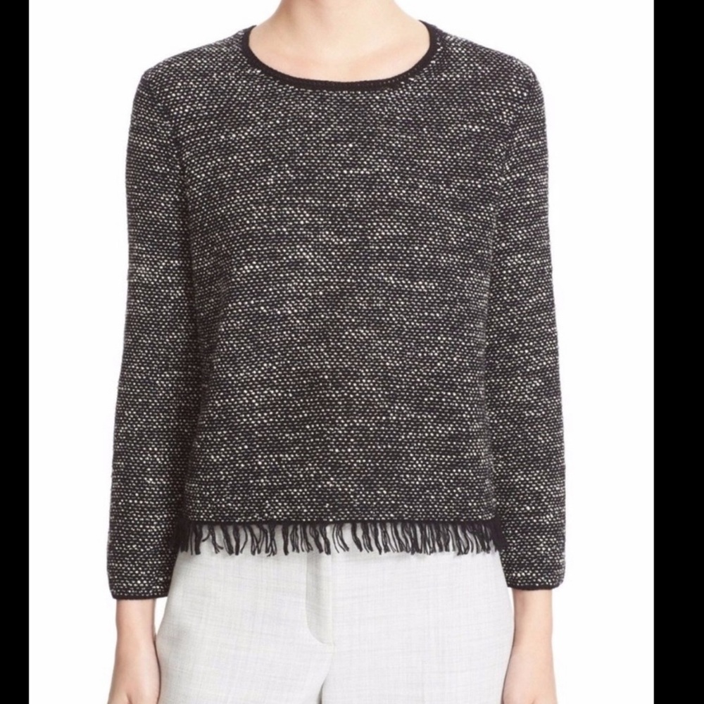 Theory Vendla Wool Blend Black & White Tweed Fringe Hem Lightweight Sweater